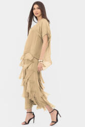 SHOPIKA Rochie camel deschis din matase si vascoza cu volane franjurate suprapuse Talie unica