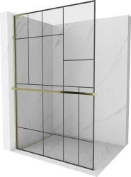 Mexen Kioto+ L, Walk-In zuhany paraván polccal és akasztóval 110 x 200 cm, 8 mm átlátszó üveg fekete mintás, arany fényes profil, 800-110-123-50-78 (800-110-123-50-78)