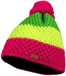 Bontis Háromszínű kötött téli sapka pomponnal - Neon rózsaszín / sárga / zöld | unisex (M537-4)