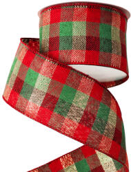  Kockás karácsonyi szalag drótos szegéllyel 63mm x 10m - Piros/Arany/Zöld (KR6310-02)