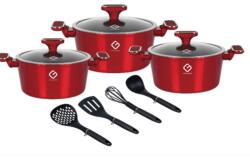 Grunberg Set oale Grunberg 10 piese, 3 vase compatibile plita inductie, 3 capace sticla, 4 ustensile, Rosu (GR2718R)