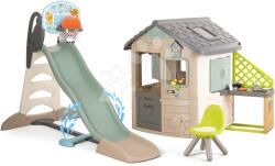 Smoby Ökobarát házikó kosárlabdával a csúszdán natúr barna színvilágban Neo Jura Lodge Playhouse Green Smoby tovább bővíthető (SM810230-2S)