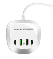 Utazó töltő T3P+ - 2xType C + 2xUSB - QC + PD 40W fehér