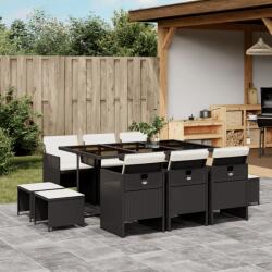 vidaXL 11 részes fekete polyrattan kerti étkezőgarnitúra párnákkal (3277733)