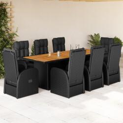 vidaXL 9 részes fekete polyrattan kerti étkezőgarnitúra párnákkal (3277649)