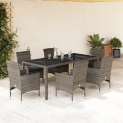vidaXL 7 részes szürke polyrattan/üveg kerti étkezőgarnitúra párnával (3278559)