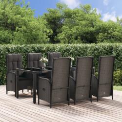vidaXL 7 részes fekete és szürke polyrattan kerti étkezőszett párnával (3185057)