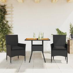 vidaXL 3részes fekete polyrattan/akácfa kerti étkezőgarnitúra párnákkal (3278711)