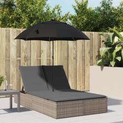 vidaXL szürke polyrattan dupla napozóágy párnákkal és napernyővel (368083) - vidaxl