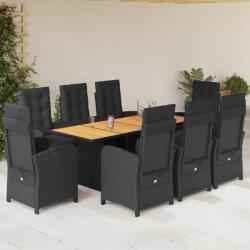 vidaXL 9 részes fekete polyrattan kerti étkezőgarnitúra párnákkal (3212505) - vidaxl