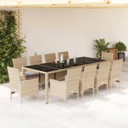 vidaXL 11 részes bézs polyrattan/üveg kerti étkezőgarnitúra párnákkal (3278594)