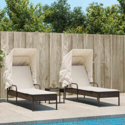 vidaXL 2 db barna polyrattan napozóágy tetővel és asztallal (3261570)