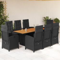 vidaXL 9 részes fekete polyrattan kerti étkezőgarnitúra párnákkal (3212276)