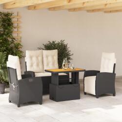 vidaXL 4 részes fekete polyrattan kerti étkezőszett párnákkal (3277384)