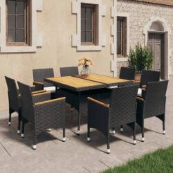 vidaXL 9 részes fekete polyrattan és tömör fa kerti étkezőgarnitúra (3095899)