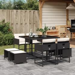 vidaXL 9 részes fekete polyrattan kerti étkezőgarnitúra párnákkal (3278081)