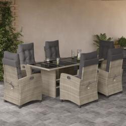 vidaXL 7 részes világosszürke polyrattan kerti étkezőszett párnával (3212698)
