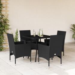 vidaXL 5 részes fekete polyrattan/üveg kerti étkezőgarnitúra párnákkal (3278602)
