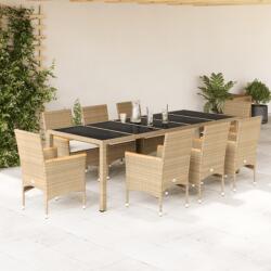 vidaXL 9 részes bézs polyrattan/üveg kerti étkezőgarnitúra párnákkal (3278737)