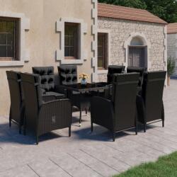 vidaXL 9 részes fekete polyrattan és üveg kerti étkezőgarnitúra (3058532)
