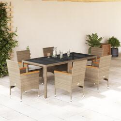 vidaXL 7 részes bézs polyrattan/üveg kerti étkezőgarnitúra párnákkal (3278661)