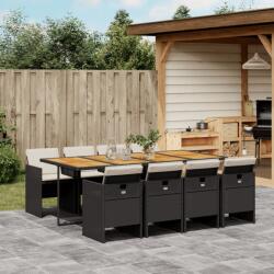 vidaXL 9 részes fekete polyrattan kerti étkezőgarnitúra párnákkal (3277694)