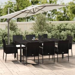 vidaXL 9 részes fekete polyrattan kerti étkezőgarnitúra párnákkal (3185004)