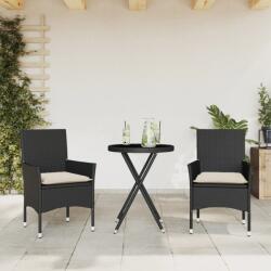 vidaXL 3 részes fekete polyrattan/üveg bisztrógarnitúra párnával (3278747)