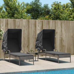 vidaXL 2 db szürke polyrattan napozóágy tetővel és asztallal (3261571) - vidaxl