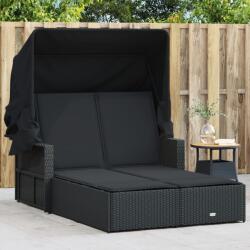 vidaXL fekete polyrattan dupla napozóágy tetővel és párnával (365807) - vidaxl