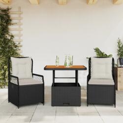 vidaXL 3 részes fekete polyrattan kerti étkezőgarnitúra párnákkal (3262910)