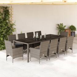 vidaXL 11 részes szürke polyrattan/üveg kerti ülőgarnitúra párnákkal (3278592)