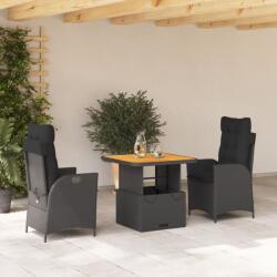 vidaXL 3 részes fekete polyrattan kerti étkezőgarnitúra párnákkal (3277445)