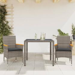vidaXL 3 részes szürke polyrattan/üveg kerti étkezőgarnitúra párnával (3278651)