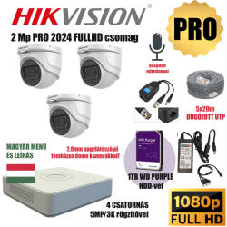  Hikvision 2MP PRO 3 Kamerás Szereld Magad TurboHD Csomag RJ45 balunnal és készre szerelt UTP kábellel