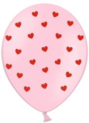 PartyDeco Latex rózsaszín lufi piros szívecskékkel