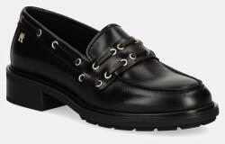 Tommy Hilfiger mocasini de piele NAUTICAL EYELETS LEATHER LOAFER femei, culoarea negru, cu platforma, FW0FW08148 9BYH-OBD0JJ_99X (FW0FW08148)