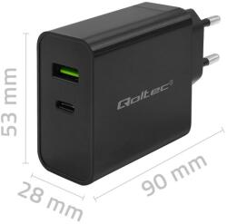 Qoltec 52378 Super Quick 1X USB Type-C / 1X USB Type-A Hálózati Töltő - 45W, Fekete