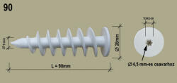 POLISZTIROL DÜBEL 90 Csavarmenetes poliszt dübel min10cm, csavar: 4, 5 mm (25db/dob) TORX30 (58655)