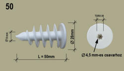 POLISZTIROL DÜBEL 48 Csavarmenetes poliszt dübel min5cm, csavar: 4, 5 mm (50db/doboz) TORX30 (57245)