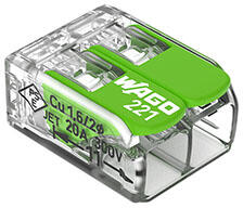 Wago 221 Wago Green Range új karos (csatos) vezeték összekötő, 2 x 4mm2 vezeték nyílásos (221-422)