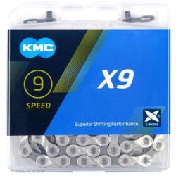 KMC X9 kerékpár lánc, 9s, 116 szem, patentszemmel, ezüst színű