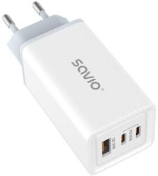 SAVIO La-07 Gan 2X USB-C / USB-A Hálózati Töltő - 65W, Fehér (LA-07)