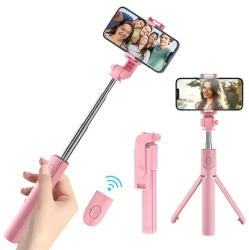 Prémium selfie bot, 19 - 70 cm, 360°-ban forgatható, exponáló gombbal, bluetooth-os, v4.0, tripod állvány funkció, R1, rózsaszín