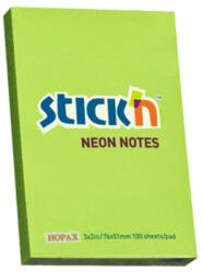 STICK'N Notes autoadeziv 76x51 mm, 100 file, verde, STICK'N Neon (HO-21163)