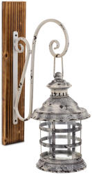 ART-POL Falikaros lampion mécsestartó antikolt szürke fém üvegbúrás lámpás falra szerelhető fa konzolon 43x17x28cm (165172)
