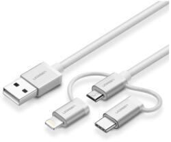 UGREEN US186 USB-A Apa - USB Micro-B / USB-C / Lightning Apa 2.0 Adat és Töltő Kábel - 1.5 m, Fehér