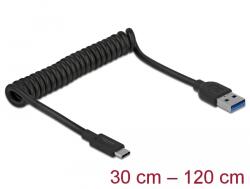 Delock USB-A Apa - USB-C Apa Spirálkábel 1. - 2 m, Fekete