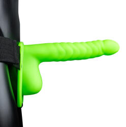 Ouch! ! Glow in the Dark Ribbed Hollow Strap-On with Balls bordázott üreges dildó