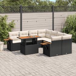 vidaXL 9 részes fekete polyrattan kerti ülőgarnitúra párnákkal (3273443)
